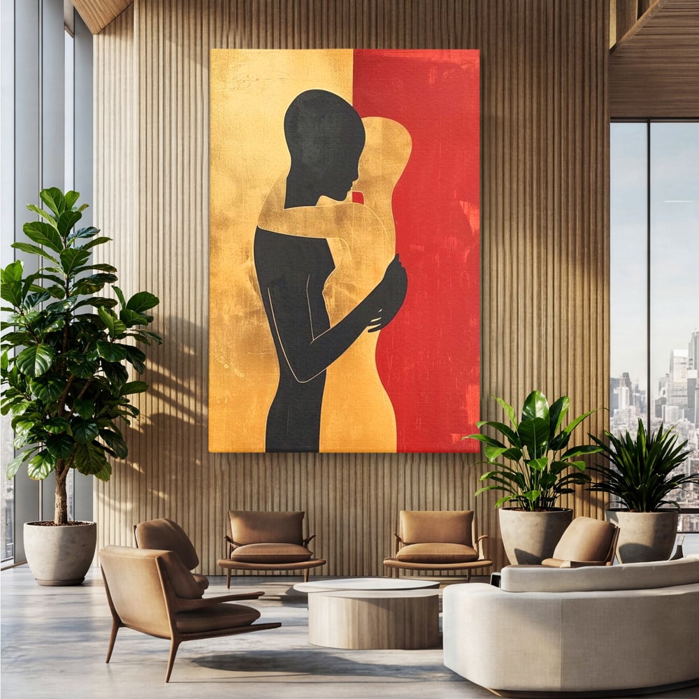 Tablou canvas cu tablou canvas cu siluete in imbratisare, fara rama, pe sasiu de lemn, pe perete intr-un birou